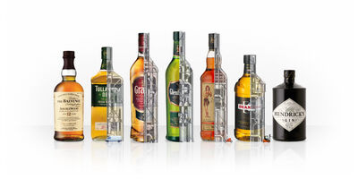 Product bottles sectioned showing distillery equipment