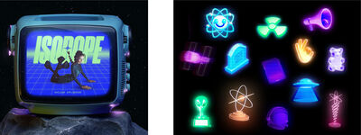 Retro screen with 3D grid and illumine 3D icons