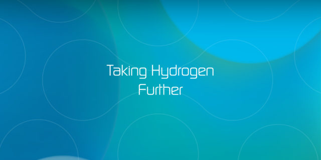 Taking Hydrogen Further slogan with abstract blue green blended background